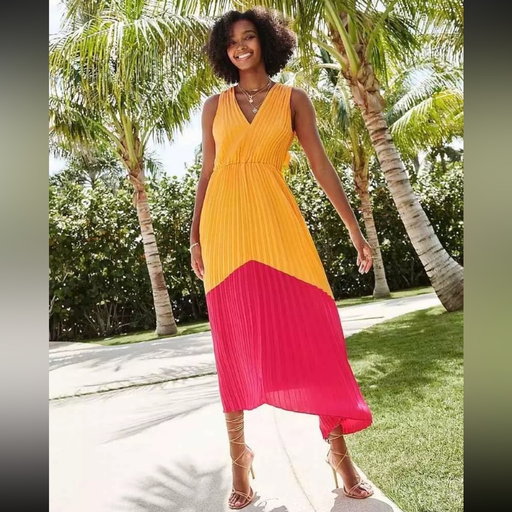 EXPRESS satin colorblock pleated midi dress